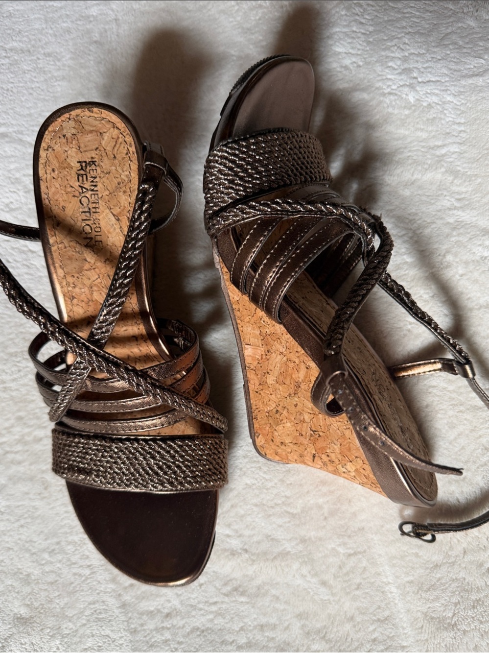 Kenneth Cole Reaction Metallic Bronze Braided Cork Wedge Sandals